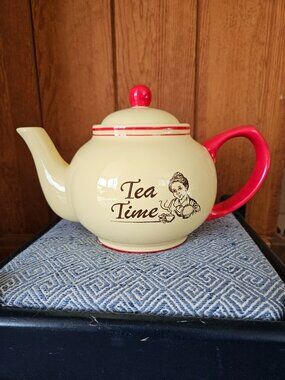Vintage Red and Yellow 'Tea Time' Ceramic Tea Pot